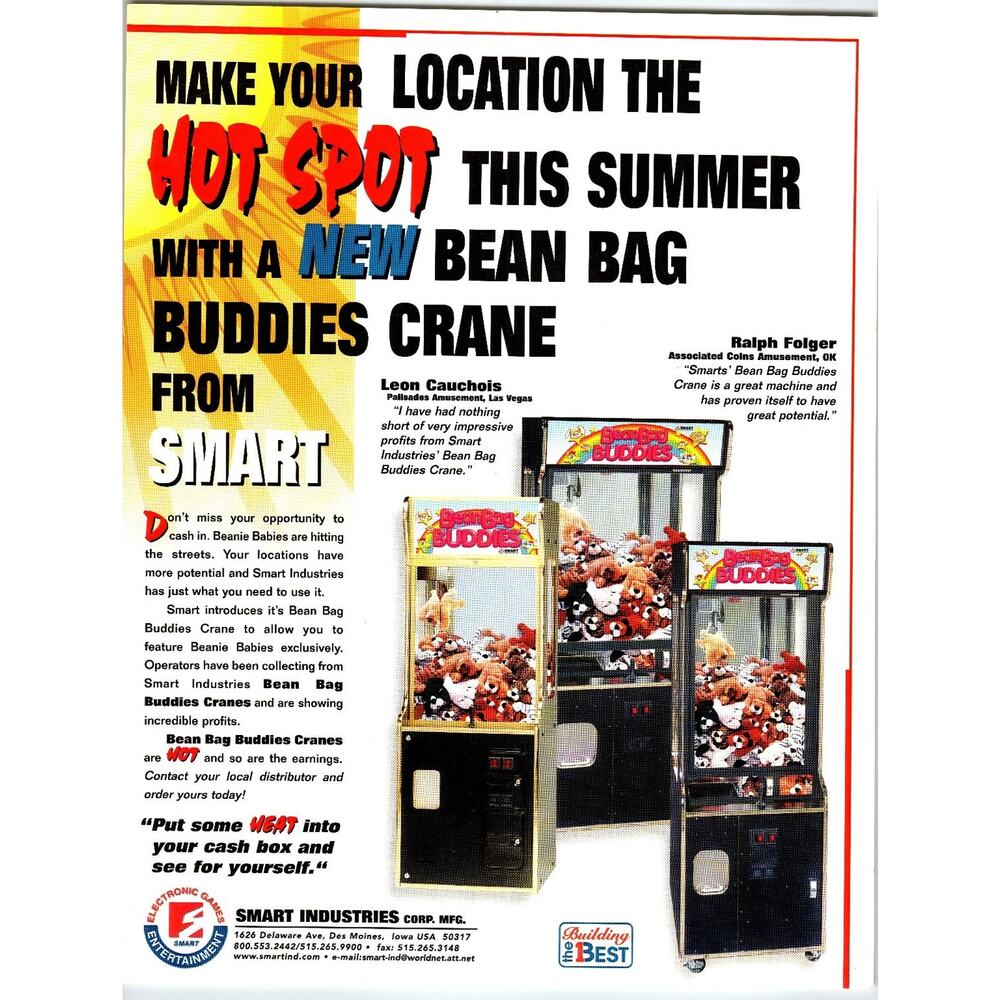 1990s Smart Industries Bean Bag Buddies Crane Arcade Flyer Iowa USA